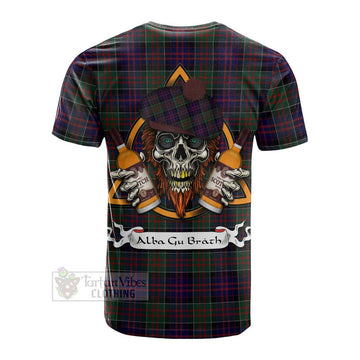 MacDonald (McDonald) of Clanranald Tartan Cotton T-shirt with Family Crest and Bearded Skull Holding Bottles of Whiskey