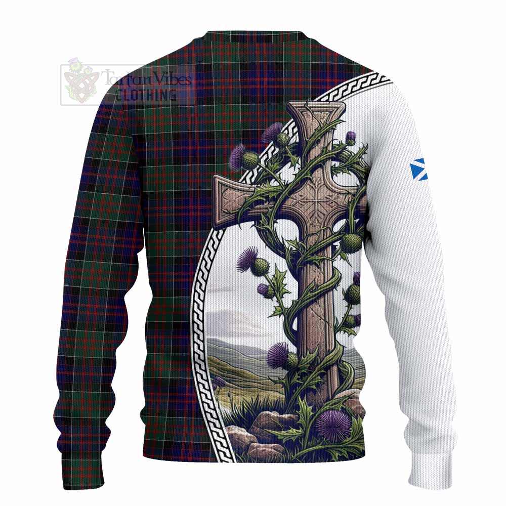 Tartan Vibes Clothing MacDonald (McDonald) of Clanranald Tartan Knitted Sweater with Family Crest and St. Andrew's Cross Accented by Thistle Vines