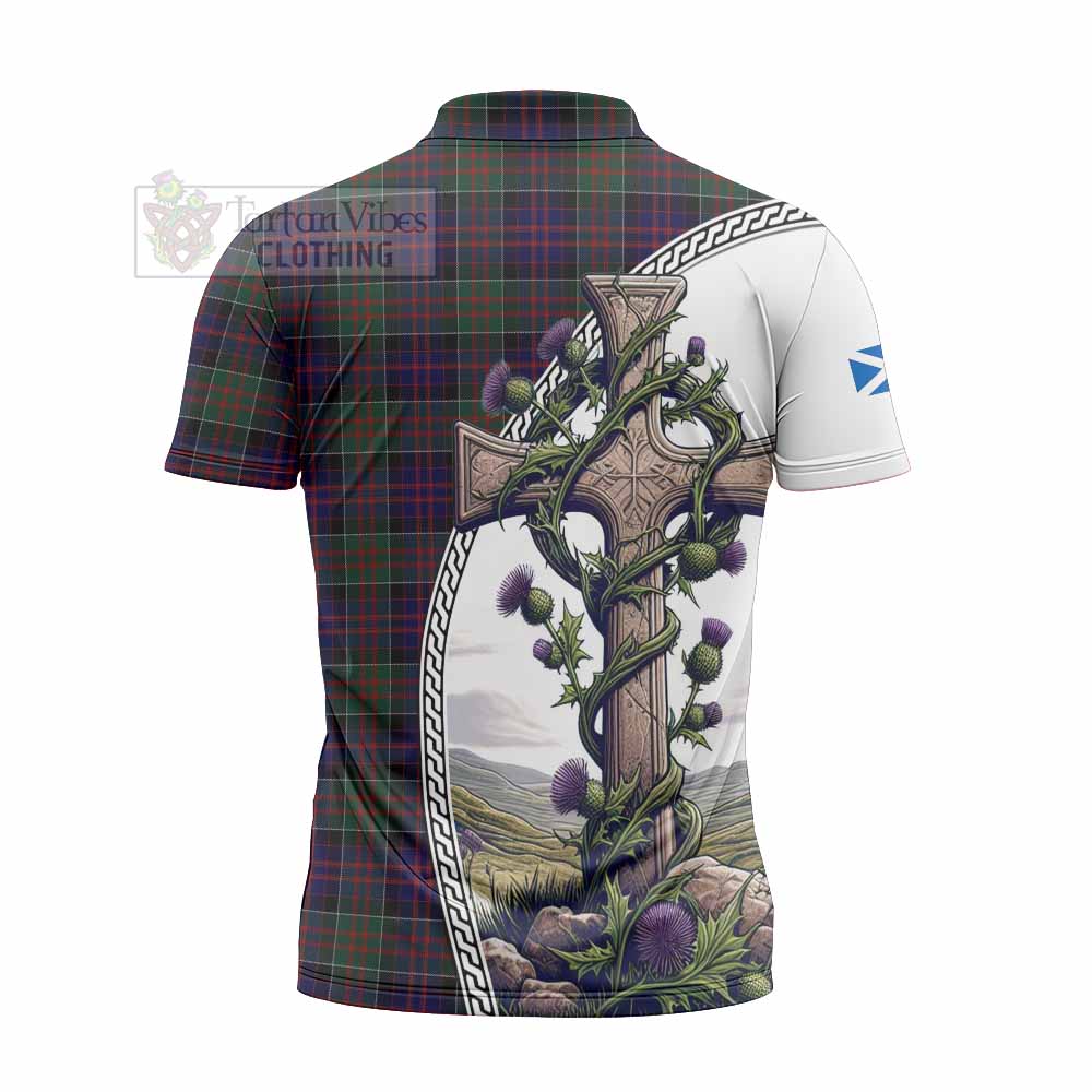 Tartan Vibes Clothing MacDonald (McDonald) of Clanranald Tartan Zipper Polo Shirt with Family Crest and St. Andrew's Cross Accented by Thistle Vines