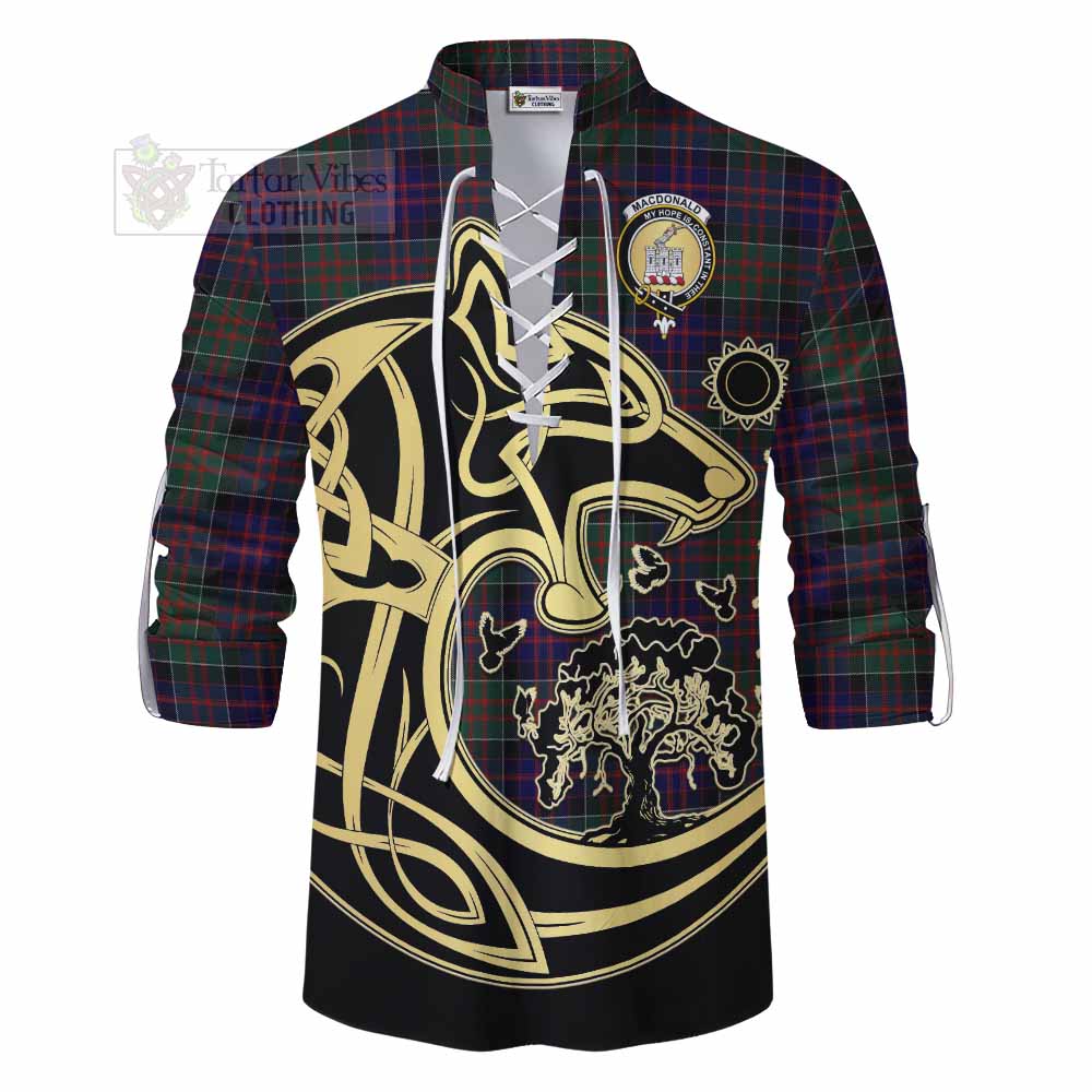 Tartan Vibes Clothing MacDonald (McDonald) of Clanranald Tartan Ghillie Kilt Shirt with Family Crest Celtic Wolf Style