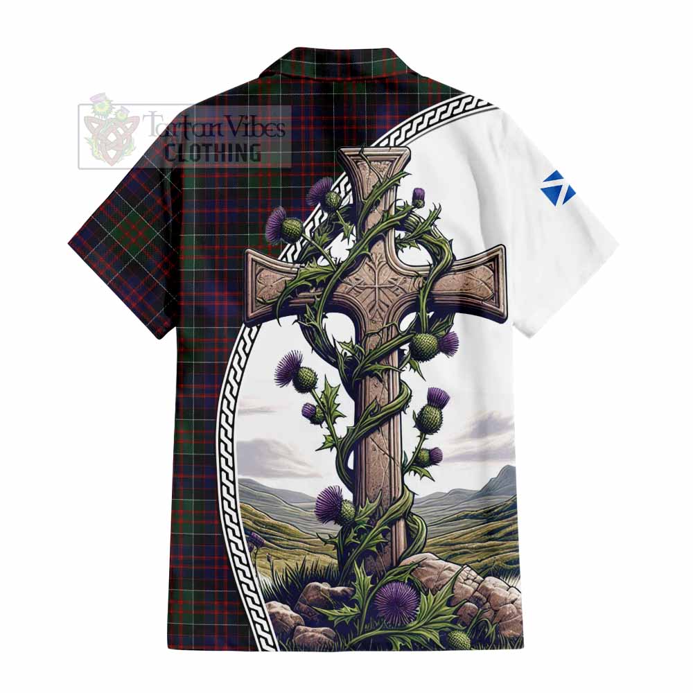 Tartan Vibes Clothing MacDonald (McDonald) of Clanranald Tartan Short Sleeve Button Shirt with Family Crest and St. Andrew's Cross Accented by Thistle Vines