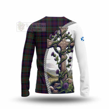 MacDonald (McDonald) of Clanranald Tartan Long Sleeve T-Shirt with Family Crest and St. Andrew's Cross Accented by Thistle Vines