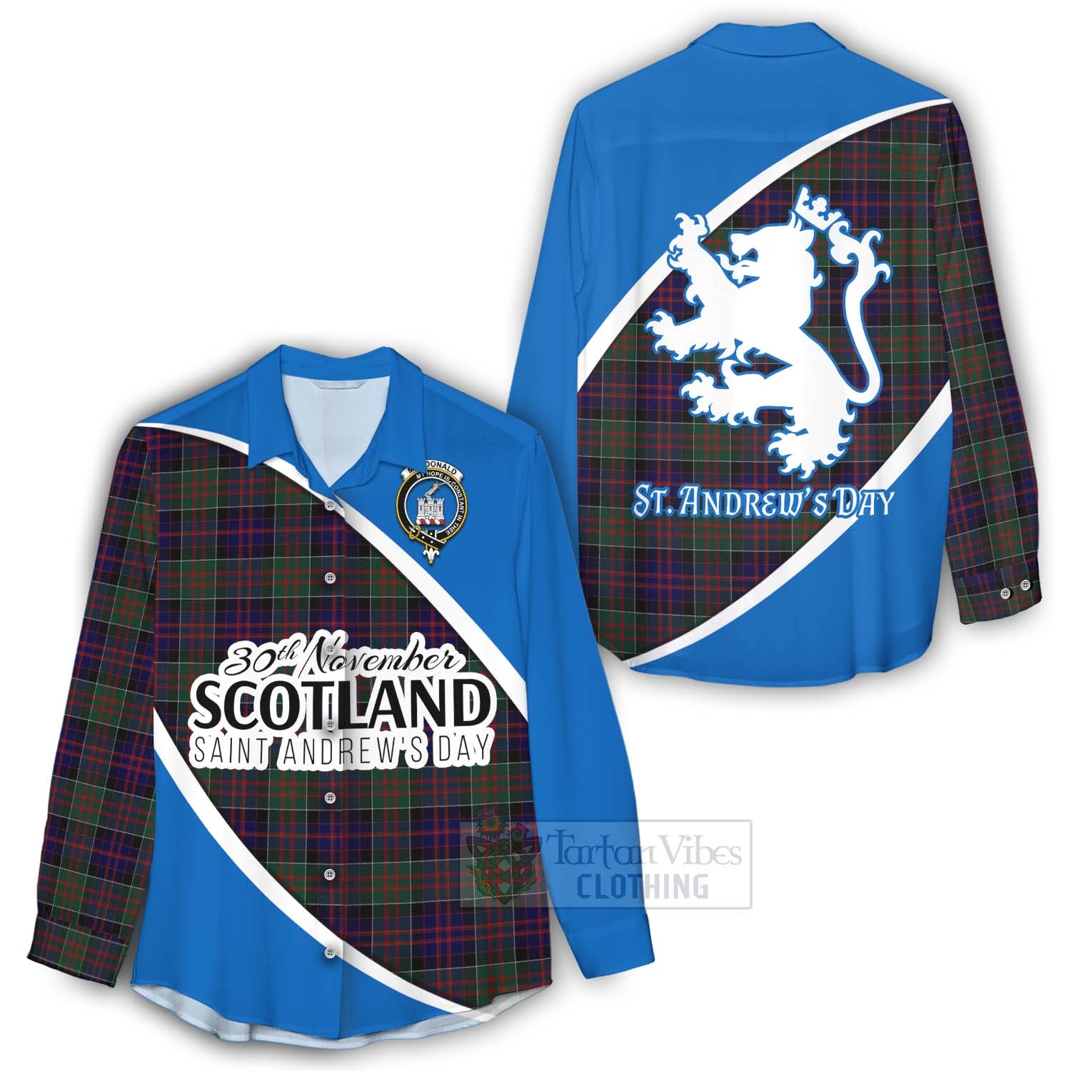 Tartan Vibes Clothing MacDonald (McDonald) of Clanranald Family Crest Tartan Women's Casual Shirt Celebrate Saint Andrew's Day in Style