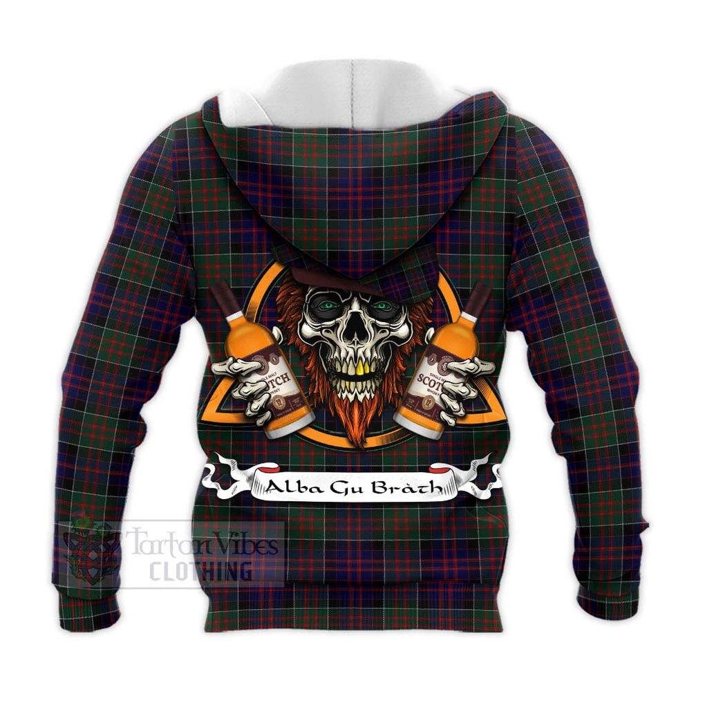 Tartan Vibes Clothing MacDonald (McDonald) of Clanranald Tartan Knitted Hoodie with Family Crest and Bearded Skull Holding Bottles of Whiskey