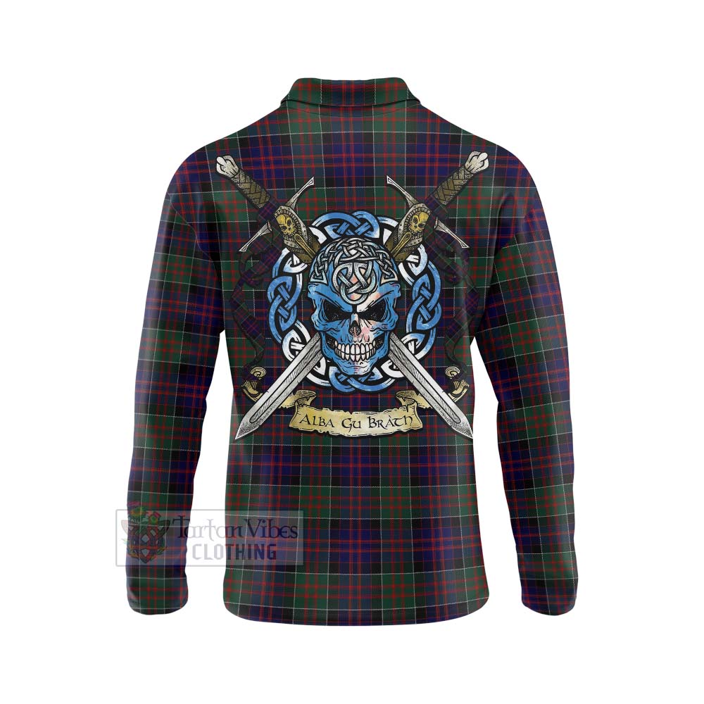 Tartan Vibes Clothing MacDonald (McDonald) of Clanranald Tartan Long Sleeve Polo Shirt with Family Crest Celtic Skull Style