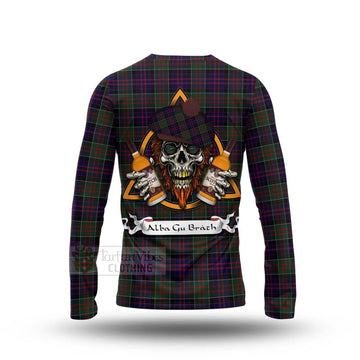 MacDonald (McDonald) of Clanranald Tartan Long Sleeve T-Shirt with Family Crest and Bearded Skull Holding Bottles of Whiskey