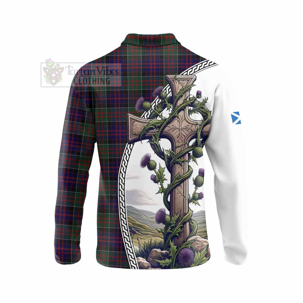 Tartan Vibes Clothing MacDonald (McDonald) of Clanranald Tartan Long Sleeve Polo Shirt with Family Crest and St. Andrew's Cross Accented by Thistle Vines