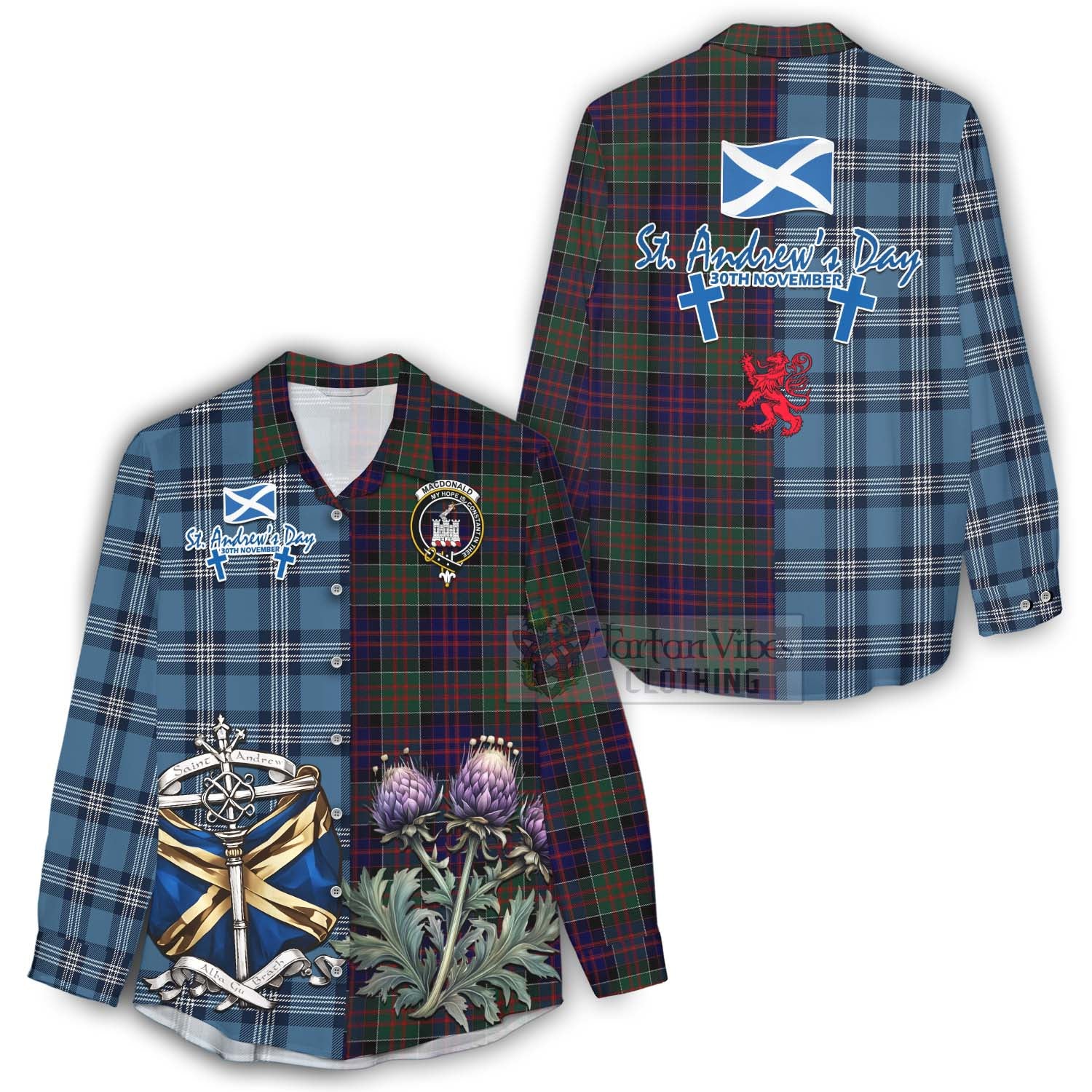 Tartan Vibes Clothing MacDonald (McDonald) of Clanranald Tartan Women's Casual Shirt Happy St. Andrew's Day Half Tartan Style