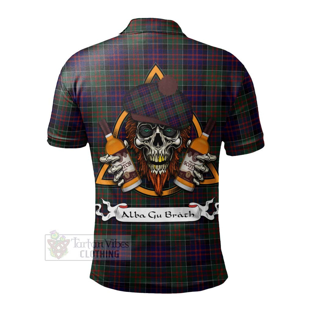 Tartan Vibes Clothing MacDonald (McDonald) of Clanranald Tartan Polo Shirt with Family Crest and Bearded Skull Holding Bottles of Whiskey