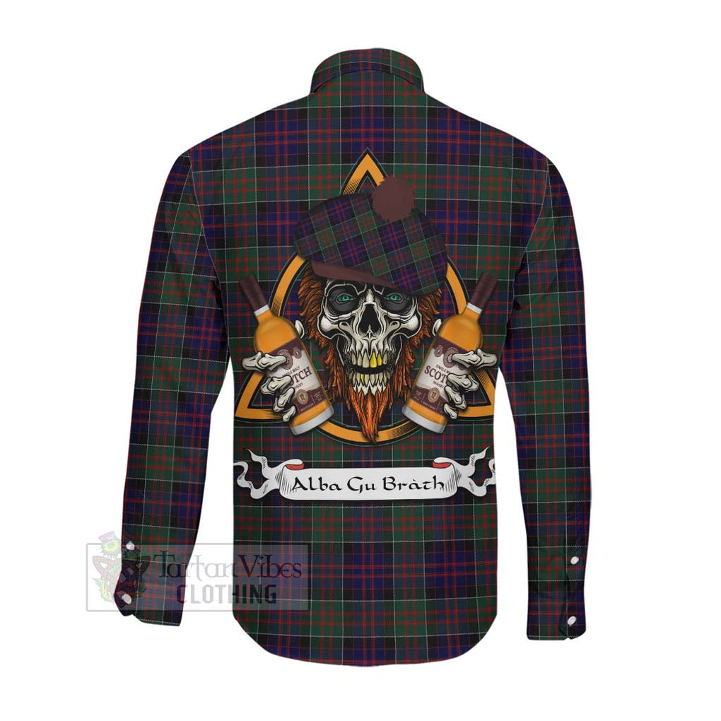 Tartan Vibes Clothing MacDonald (McDonald) of Clanranald Tartan Long Sleeve Button Shirt with Family Crest and Bearded Skull Holding Bottles of Whiskey