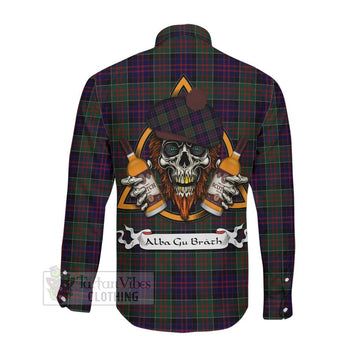 MacDonald (McDonald) of Clanranald Tartan Long Sleeve Button Shirt with Family Crest and Bearded Skull Holding Bottles of Whiskey