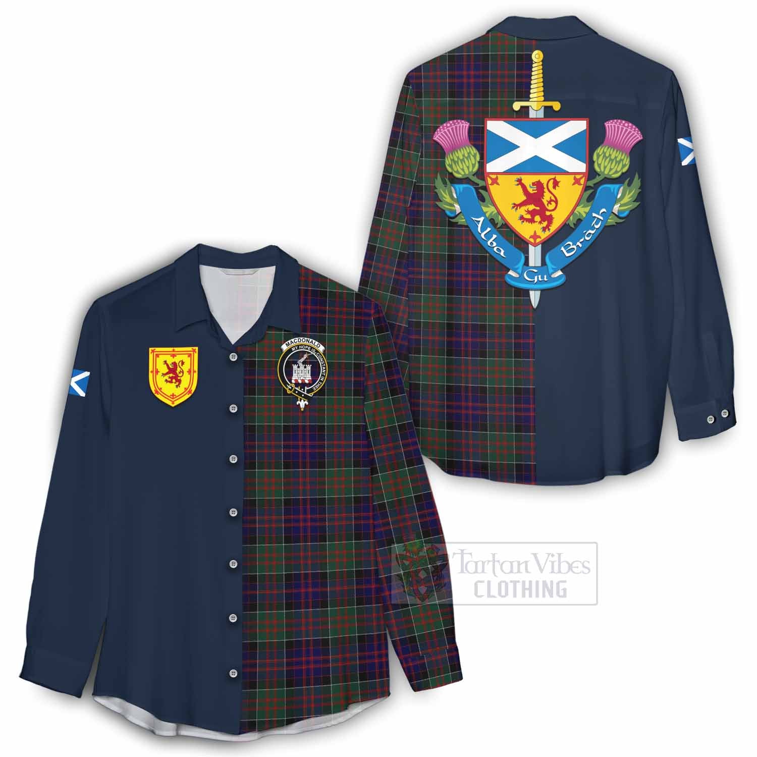 Tartan Vibes Clothing MacDonald (McDonald) of Clanranald Tartan Women's Casual Shirt Alba with Scottish Lion Royal Arm Half Style