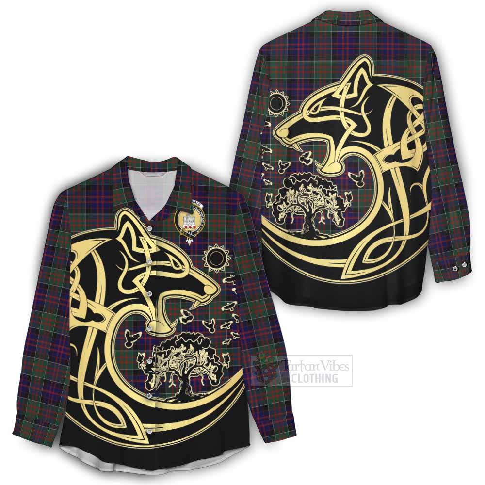 Tartan Vibes Clothing MacDonald (McDonald) of Clanranald Tartan Women's Casual Shirt with Family Crest Celtic Wolf Style