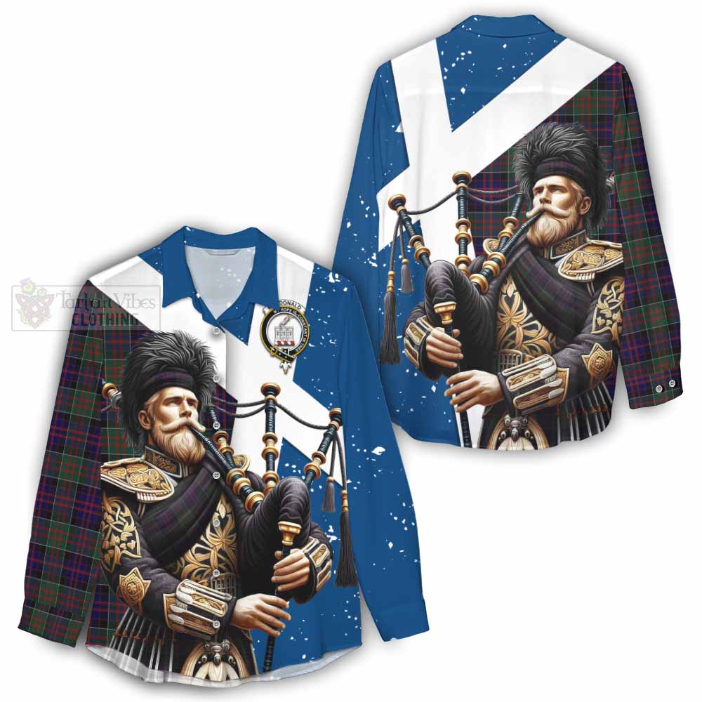 Tartan Vibes Clothing MacDonald (McDonald) of Clanranald Tartan Women's Casual Shirt with Family Crest Scottish Bagpiper Vibes