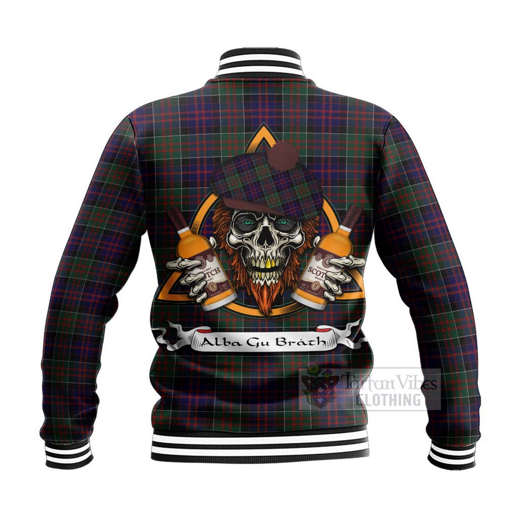 Tartan Vibes Clothing MacDonald (McDonald) of Clanranald Tartan Baseball Jacket with Family Crest and Bearded Skull Holding Bottles of Whiskey