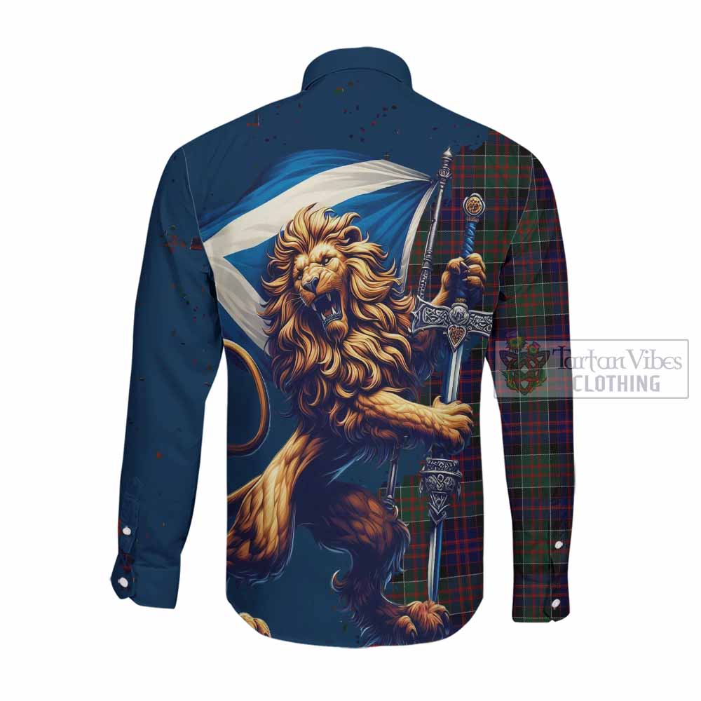 Tartan Vibes Clothing MacDonald (McDonald) of Clanranald Tartan Family Crest Long Sleeve Button Shirt with Scottish Majestic Lion