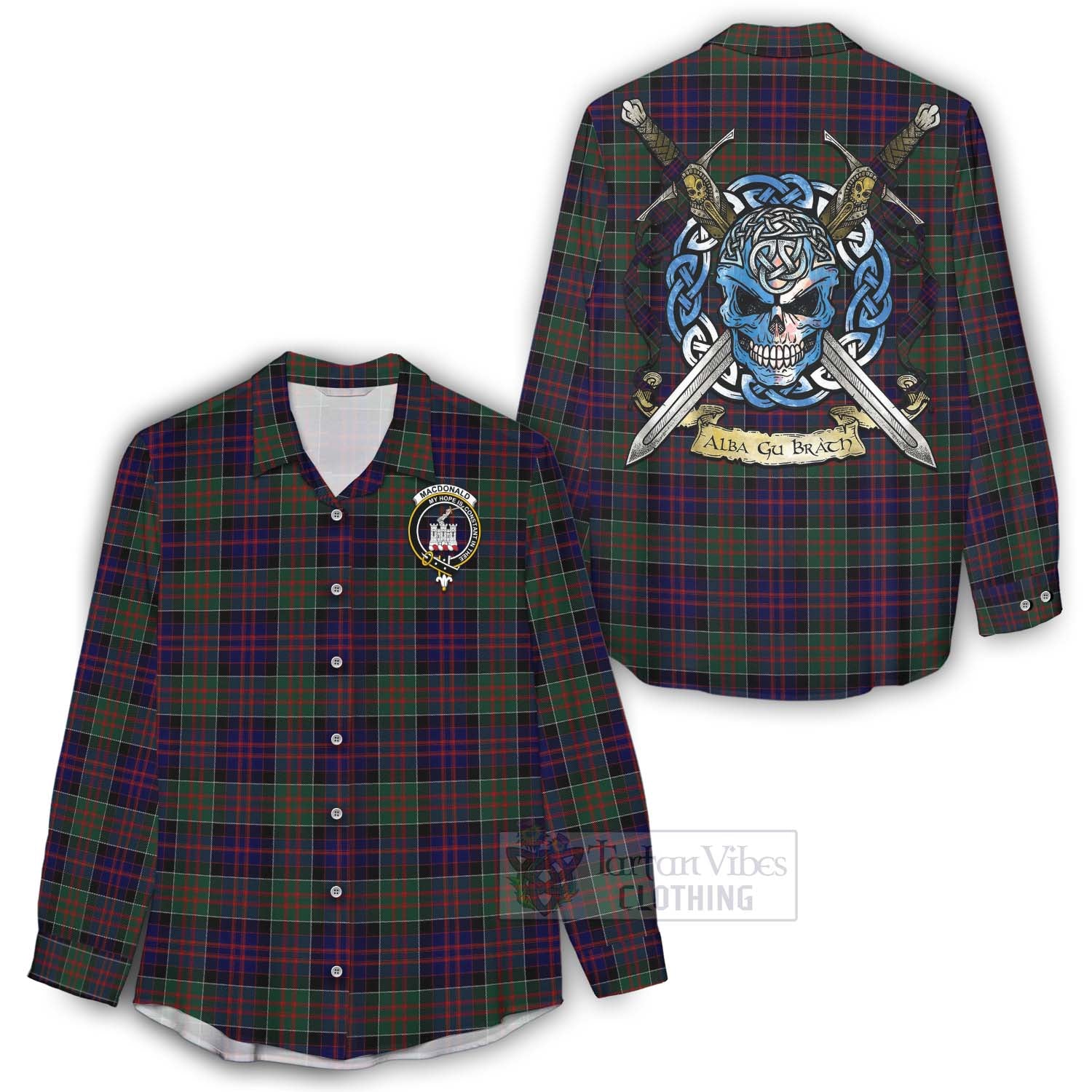 Tartan Vibes Clothing MacDonald (McDonald) of Clanranald Tartan Women's Casual Shirt with Family Crest Celtic Skull Style