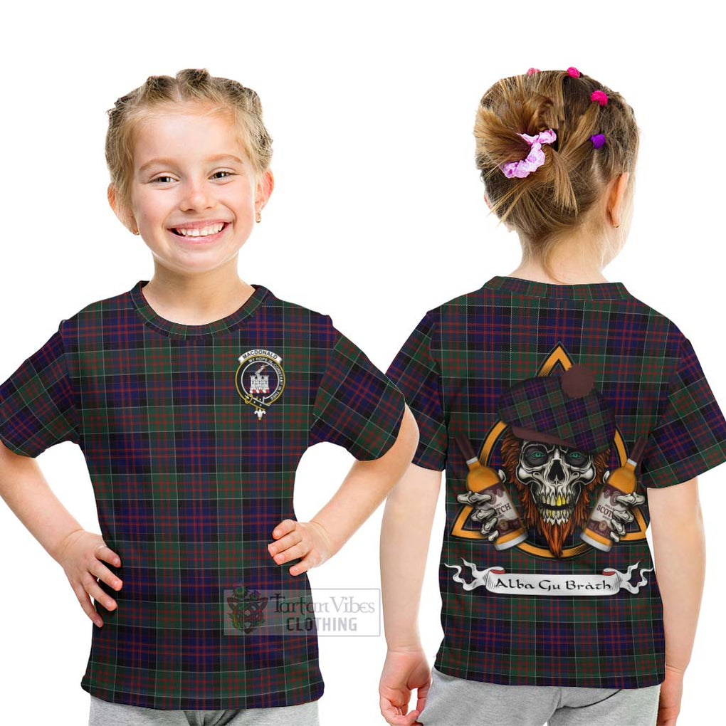 Tartan Vibes Clothing MacDonald (McDonald) of Clanranald Tartan Kid T-Shirt with Family Crest and Bearded Skull Holding Bottles of Whiskey