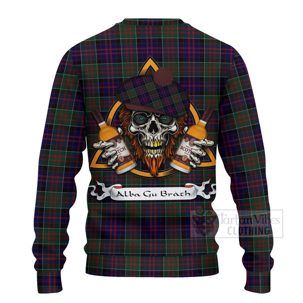 Tartan Vibes Clothing MacDonald (McDonald) of Clanranald Tartan Knitted Sweater with Family Crest and Bearded Skull Holding Bottles of Whiskey