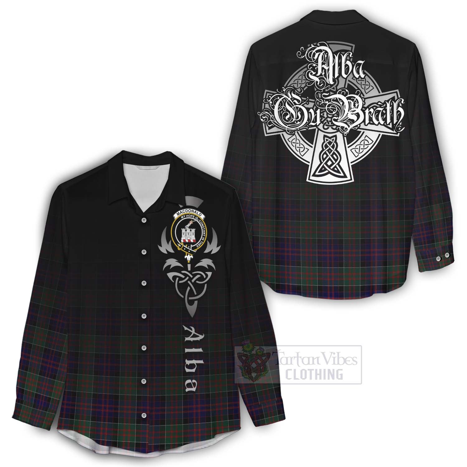 Tartan Vibes Clothing MacDonald (McDonald) of Clanranald Tartan Women's Casual Shirt Featuring Alba Gu Brath Family Crest Celtic Inspired