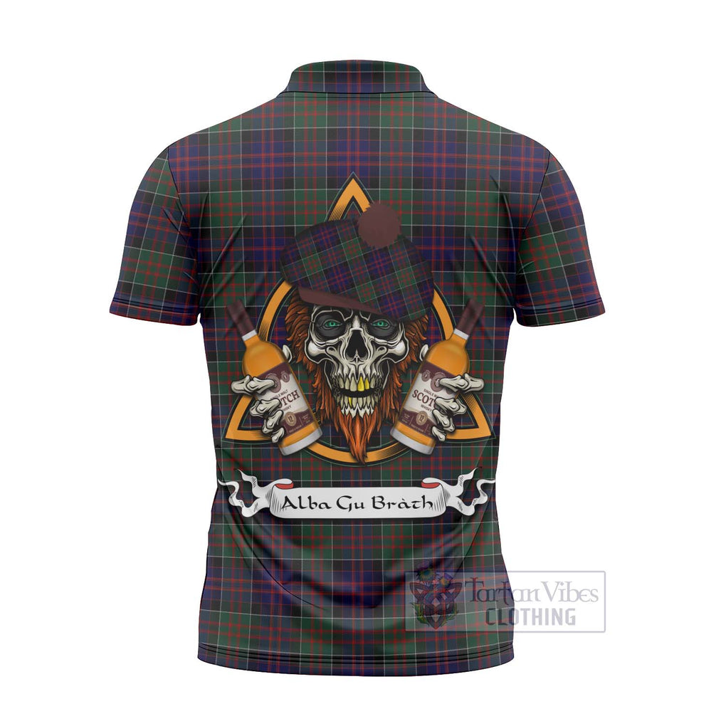 Tartan Vibes Clothing MacDonald (McDonald) of Clanranald Tartan Zipper Polo Shirt with Family Crest and Bearded Skull Holding Bottles of Whiskey