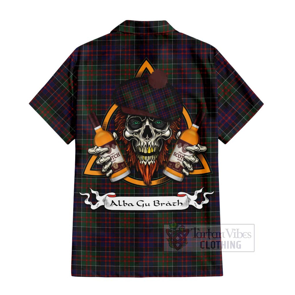 Tartan Vibes Clothing MacDonald (McDonald) of Clanranald Tartan Short Sleeve Button Shirt with Family Crest and Bearded Skull Holding Bottles of Whiskey