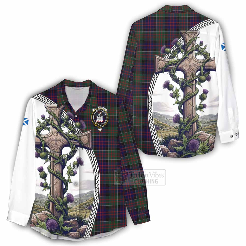 Tartan Vibes Clothing MacDonald (McDonald) of Clanranald Tartan Women's Casual Shirt with Family Crest and St. Andrew's Cross Accented by Thistle Vines