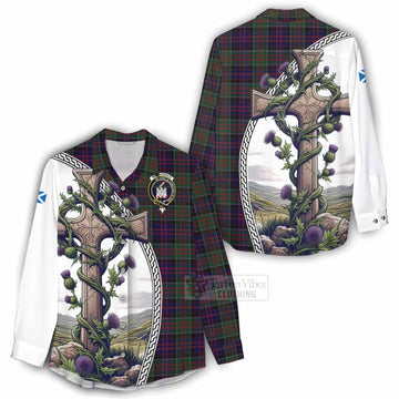 MacDonald (McDonald) of Clanranald Tartan Women's Casual Shirt with Family Crest and St. Andrew's Cross Accented by Thistle Vines