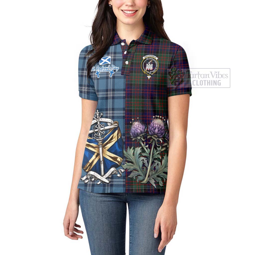 Tartan Vibes Clothing MacDonald (McDonald) of Clanranald Tartan Women's Polo Shirt Happy St. Andrew's Day Half Tartan Style