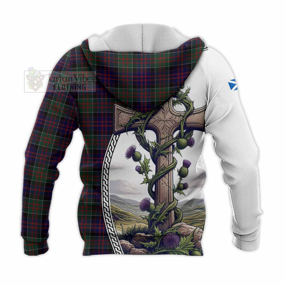 Tartan Vibes Clothing MacDonald (McDonald) of Clanranald Tartan Knitted Hoodie with Family Crest and St. Andrew's Cross Accented by Thistle Vines