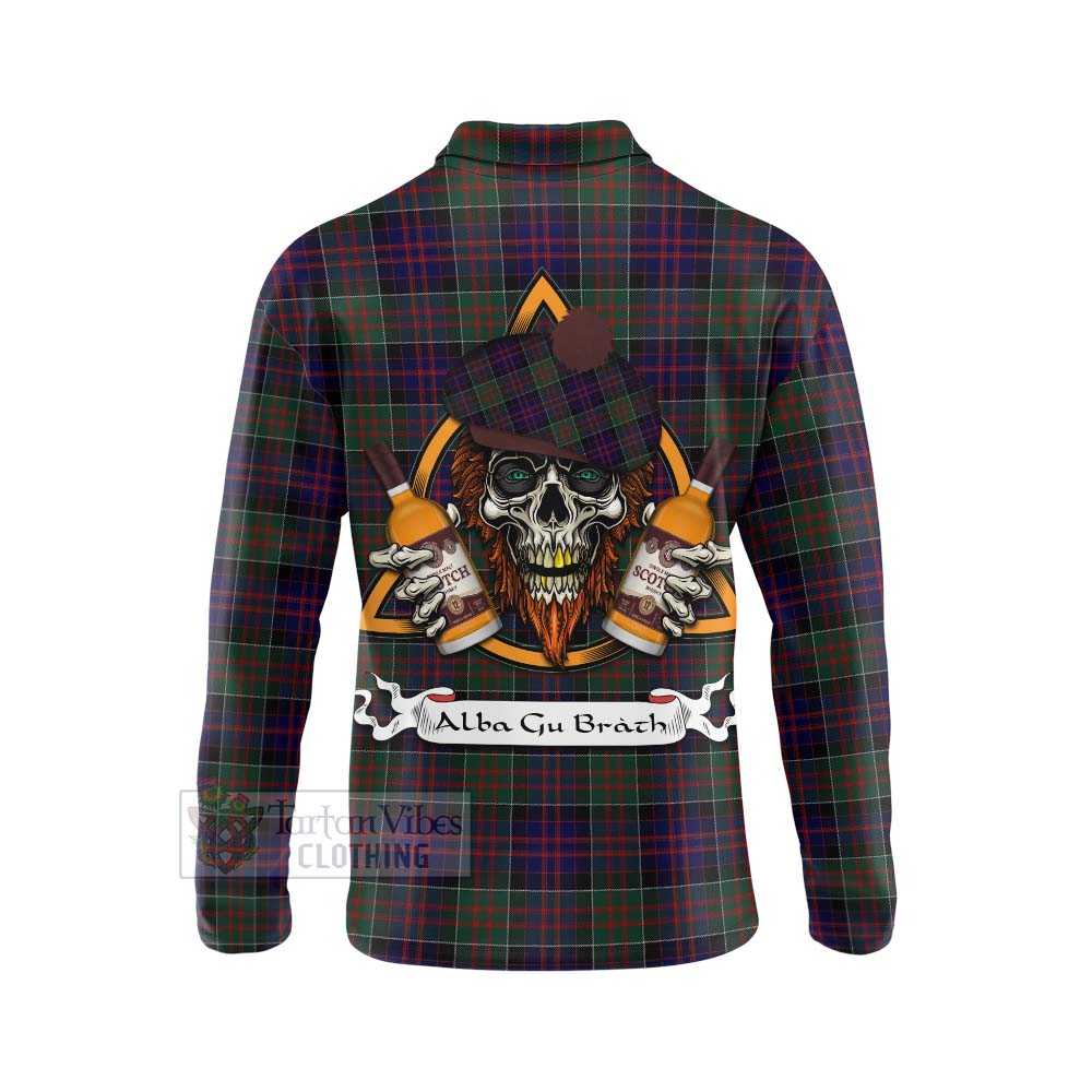 Tartan Vibes Clothing MacDonald (McDonald) of Clanranald Tartan Long Sleeve Polo Shirt with Family Crest and Bearded Skull Holding Bottles of Whiskey