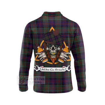 MacDonald (McDonald) of Clanranald Tartan Long Sleeve Polo Shirt with Family Crest and Bearded Skull Holding Bottles of Whiskey