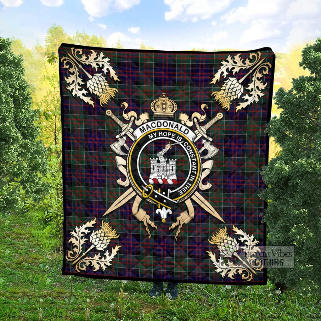 Tartan Vibes Clothing MacDonald (McDonald) of Clanranald Tartan Quilt with Family Crest and Scottish Golden Courage Shield