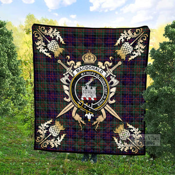 MacDonald (McDonald) of Clanranald Tartan Quilt with Family Crest and Golden Thistle Crossed Sword Design