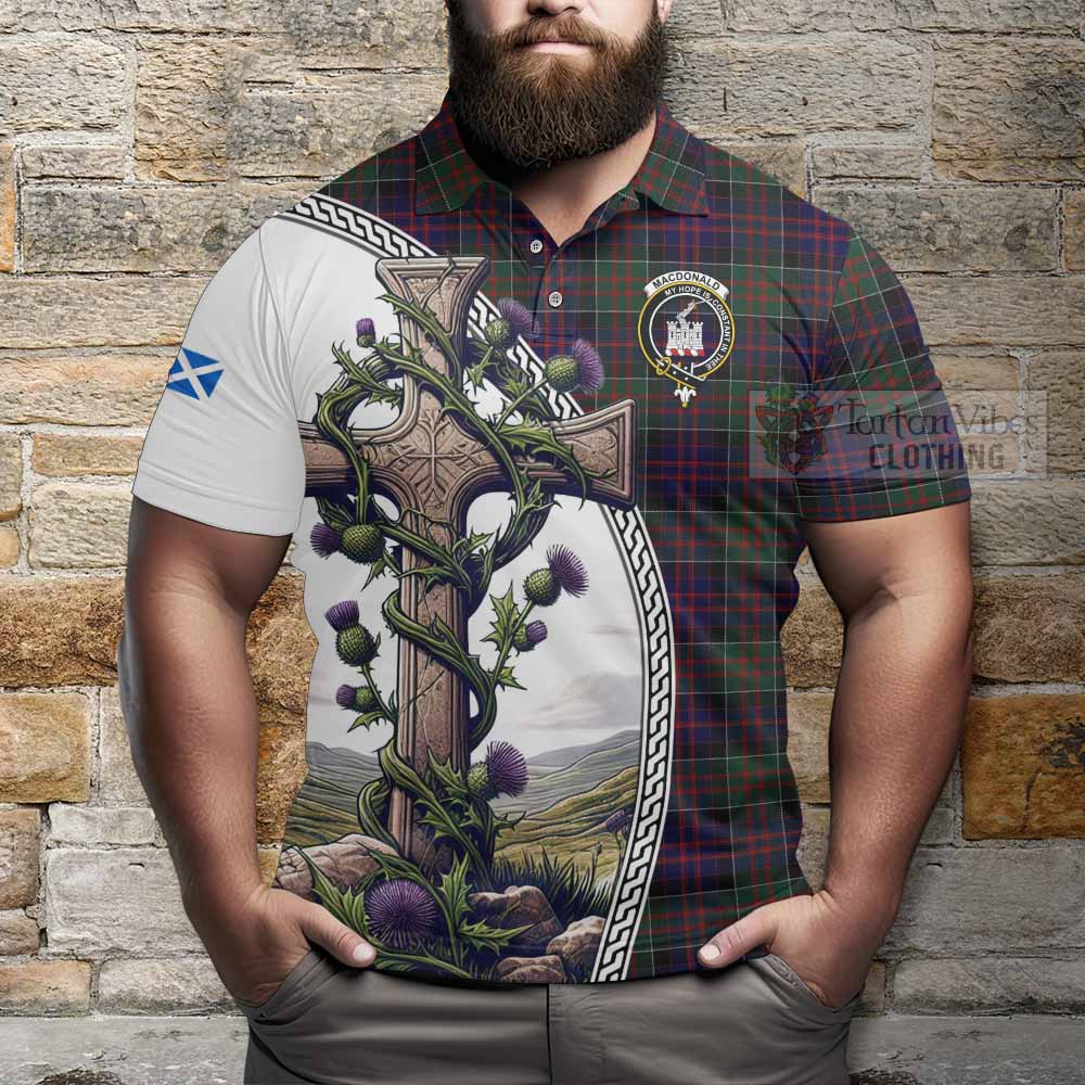 Tartan Vibes Clothing MacDonald (McDonald) of Clanranald Tartan Polo Shirt with Family Crest and St. Andrew's Cross Accented by Thistle Vines