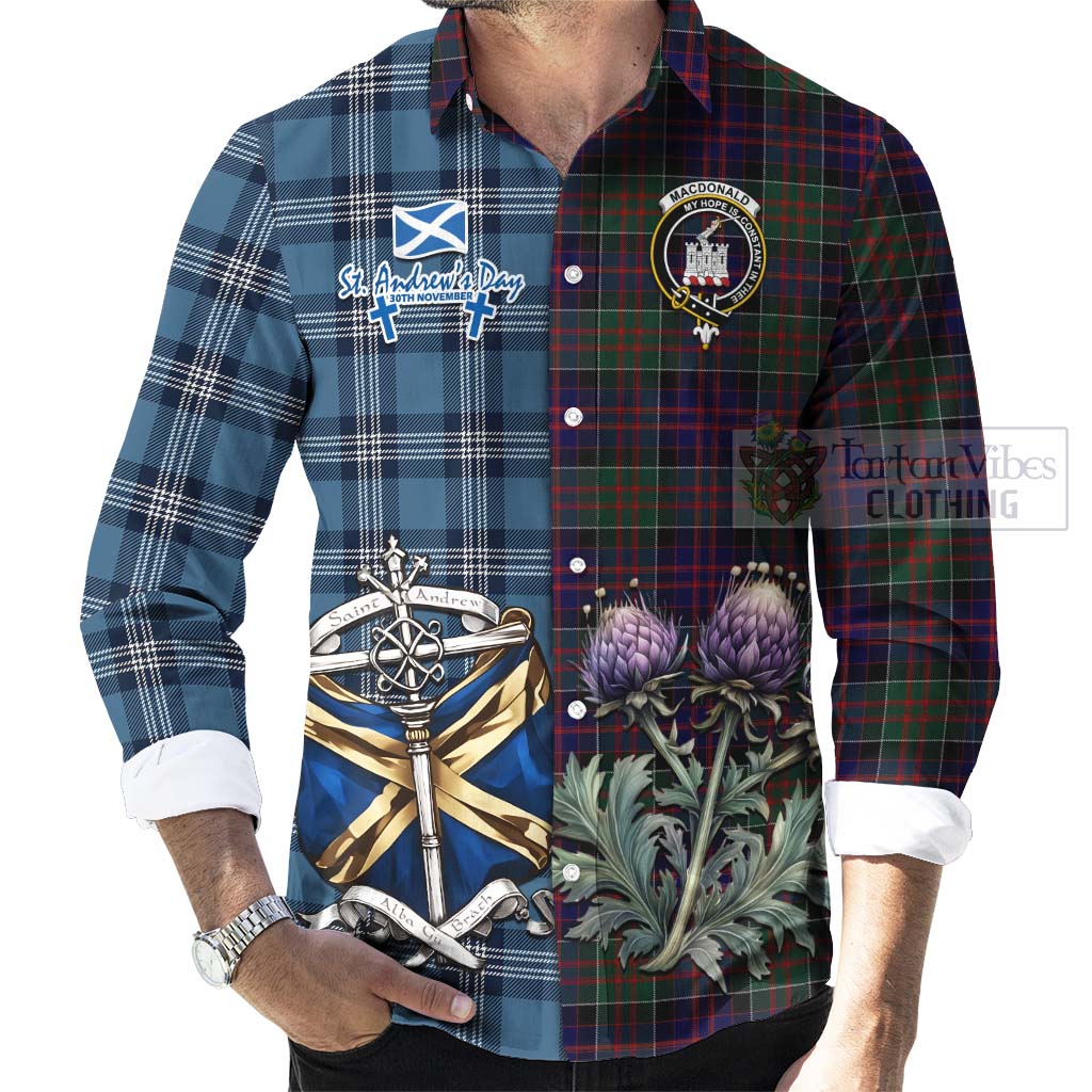 Tartan Vibes Clothing MacDonald (McDonald) of Clanranald Tartan Long Sleeve Button Shirt Happy St. Andrew's Day Half Tartan Style