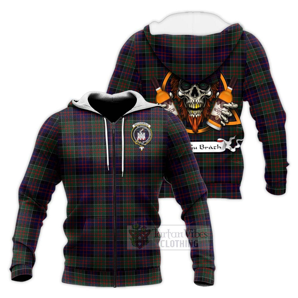 Tartan Vibes Clothing MacDonald (McDonald) of Clanranald Tartan Knitted Hoodie with Family Crest and Bearded Skull Holding Bottles of Whiskey