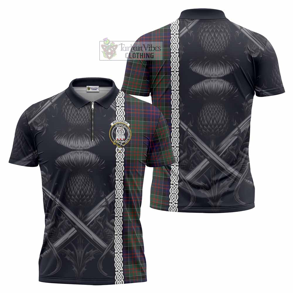 Tartan Vibes Clothing MacDonald (McDonald) of Clanranald Tartan Zipper Polo Shirt with Family Crest Cross Sword Thistle Celtic Vibes