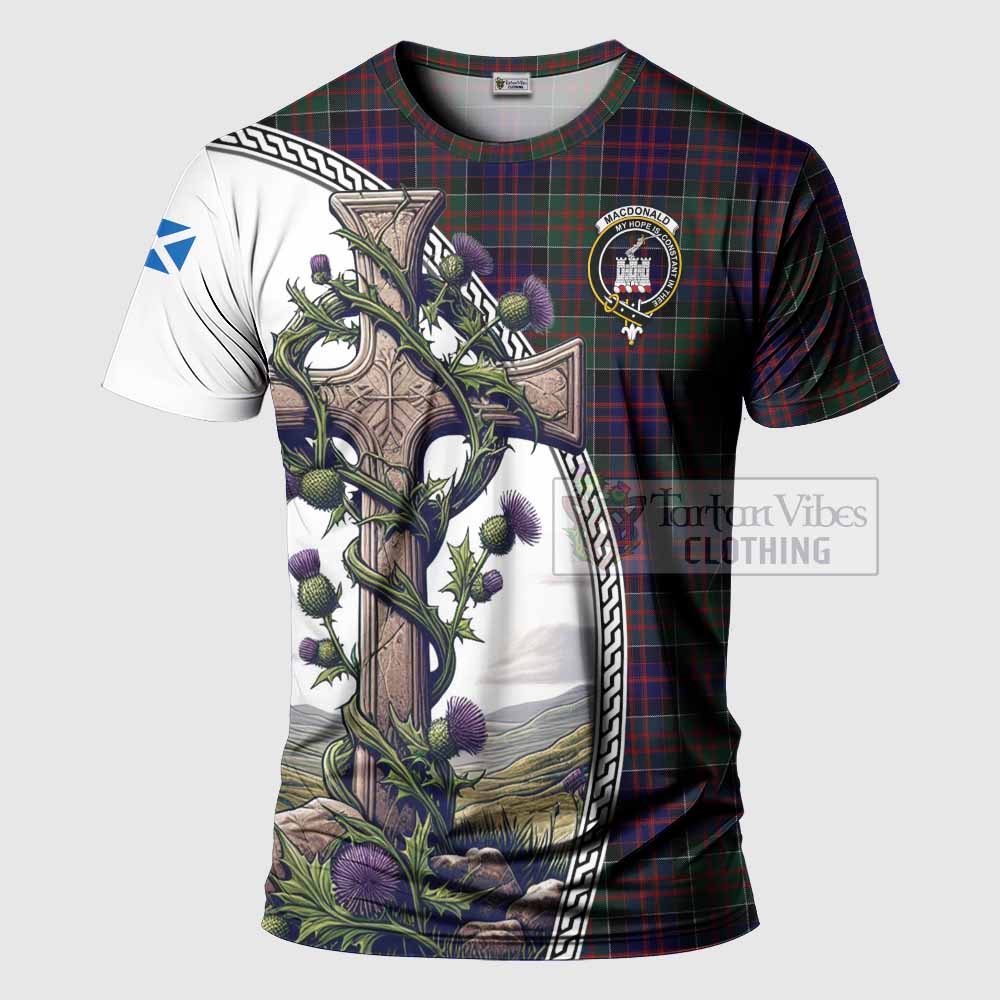 Tartan Vibes Clothing MacDonald (McDonald) of Clanranald Agnew Tartan T-Shirt with Family Crest and St. Andrew's Cross Accented by Thistle Vines