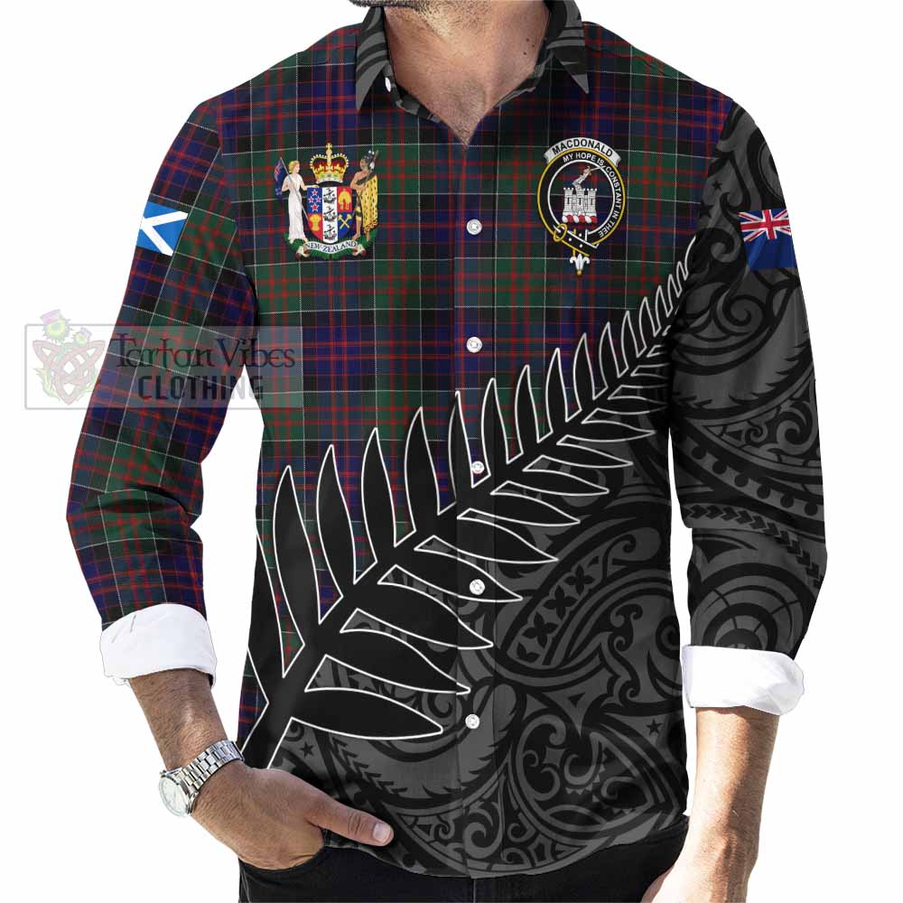 Tartan Vibes Clothing MacDonald (McDonald) of Clanranald Crest Tartan Long Sleeve Button Shirt with New Zealand Silver Fern Half Style