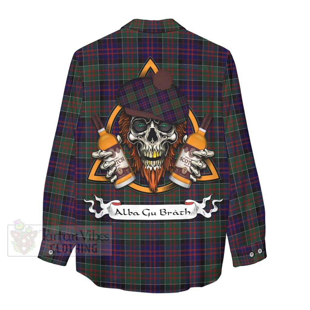 Tartan Vibes Clothing MacDonald (McDonald) of Clanranald Tartan Women's Casual Shirt with Family Crest and Bearded Skull Holding Bottles of Whiskey