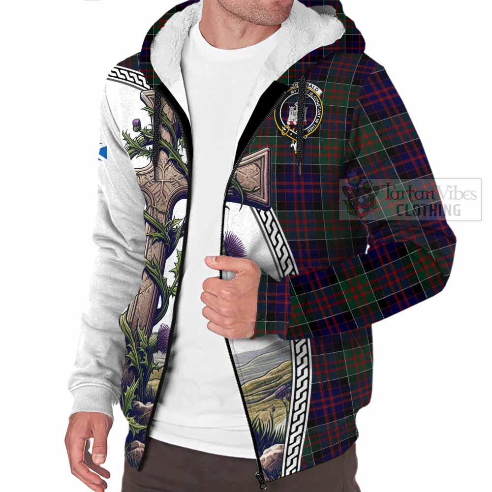 Tartan Vibes Clothing MacDonald (McDonald) of Clanranald Tartan Sherpa Hoodie with Family Crest and St. Andrew's Cross Accented by Thistle Vines