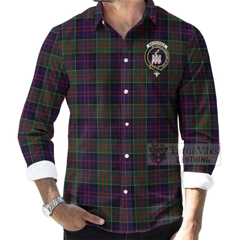 Tartan Vibes Clothing MacDonald (McDonald) of Clanranald Tartan Long Sleeve Button Shirt with Family Crest and Bearded Skull Holding Bottles of Whiskey