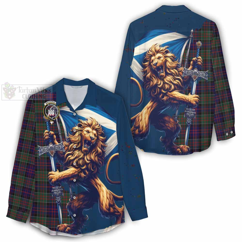 Tartan Vibes Clothing MacDonald (McDonald) of Clanranald Tartan Family Crest Women's Casual Shirt with Scottish Majestic Lion