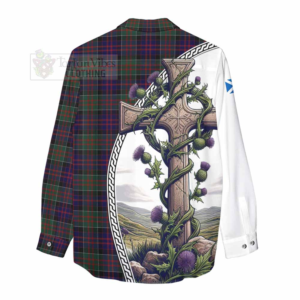 Tartan Vibes Clothing MacDonald (McDonald) of Clanranald Tartan Women's Casual Shirt with Family Crest and St. Andrew's Cross Accented by Thistle Vines