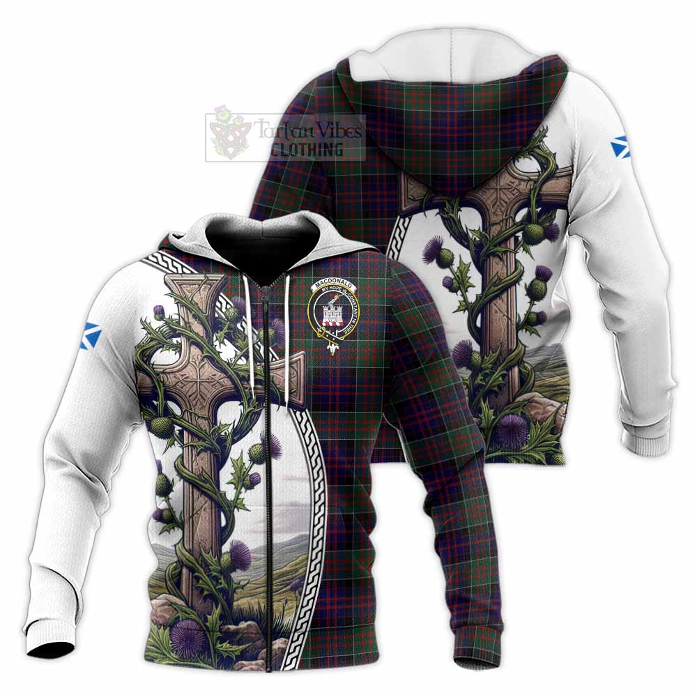 Tartan Vibes Clothing MacDonald (McDonald) of Clanranald Tartan Knitted Hoodie with Family Crest and St. Andrew's Cross Accented by Thistle Vines