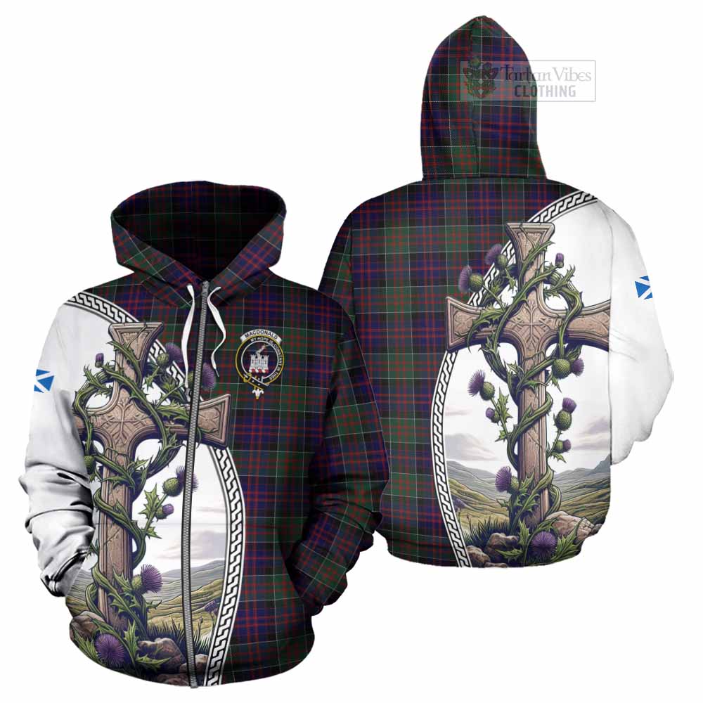 Tartan Vibes Clothing MacDonald (McDonald) of Clanranald Tartan Hoodie with Family Crest and St. Andrew's Cross Accented by Thistle Vines