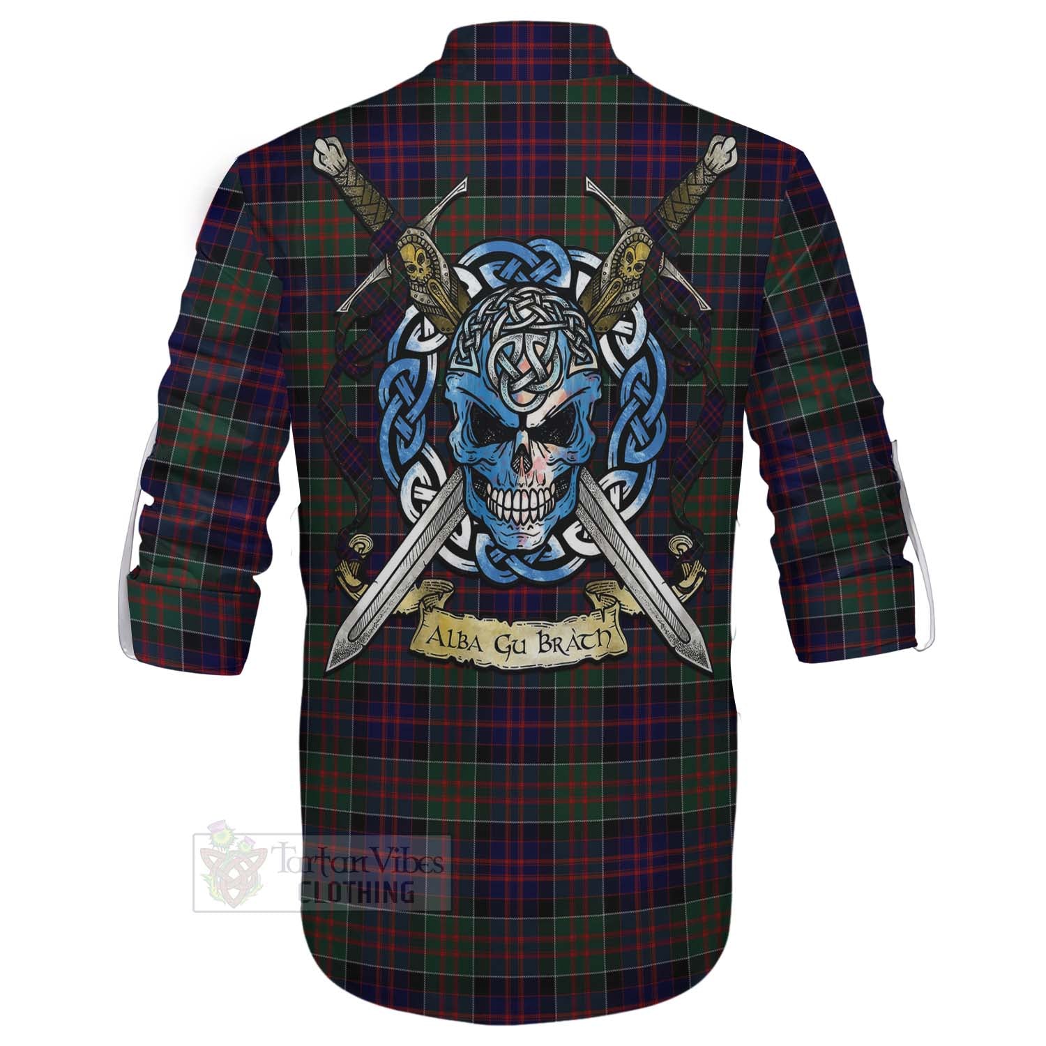 Tartan Vibes Clothing MacDonald (McDonald) of Clanranald Tartan Ghillie Kilt Shirt with Family Crest Celtic Skull Style