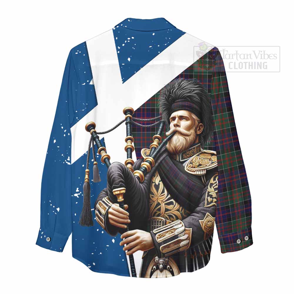 Tartan Vibes Clothing MacDonald (McDonald) of Clanranald Tartan Women's Casual Shirt with Family Crest Scottish Bagpiper Vibes