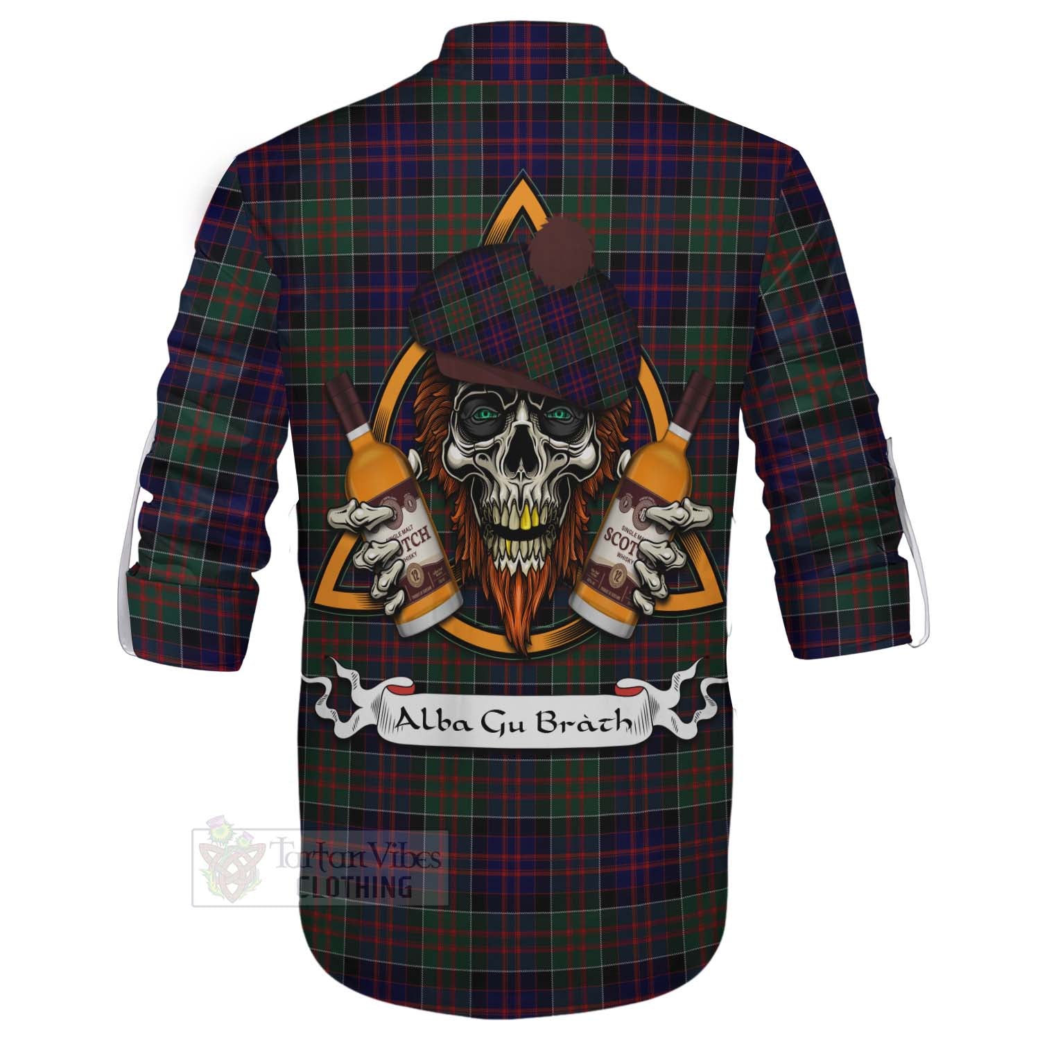 Tartan Vibes Clothing MacDonald (McDonald) of Clanranald Tartan Ghillie Kilt Shirt with Family Crest and Bearded Skull Holding Bottles of Whiskey